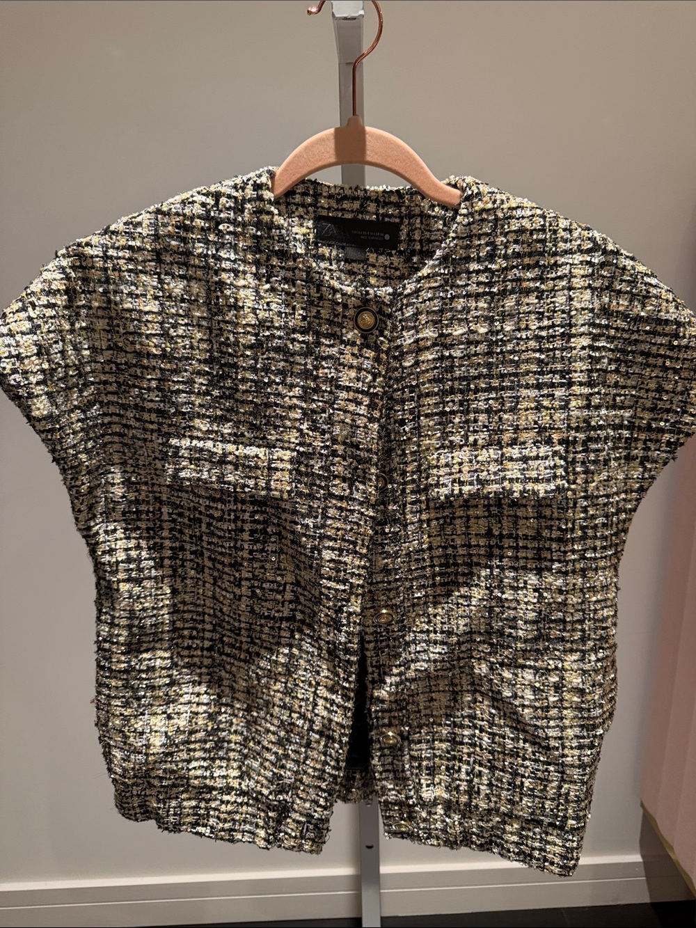 Zara Black and Cream Tweed Short Sleeve Jacket Top
